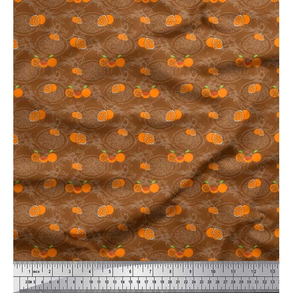 Soimoi Brown Poly Georgette Fabric Leaves & Orange Fruits Print Fabric by Yard 52 Inch Wide