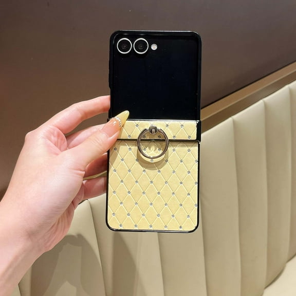 for Samsung Galaxy Z Flip 7 Case with Hinge Protection & Ring Kickstand, Luxury Diamond Design Elegant Protective Phone Cover with Built-in Ring Grip for Samsung Galaxy Z Flip 7, Gold