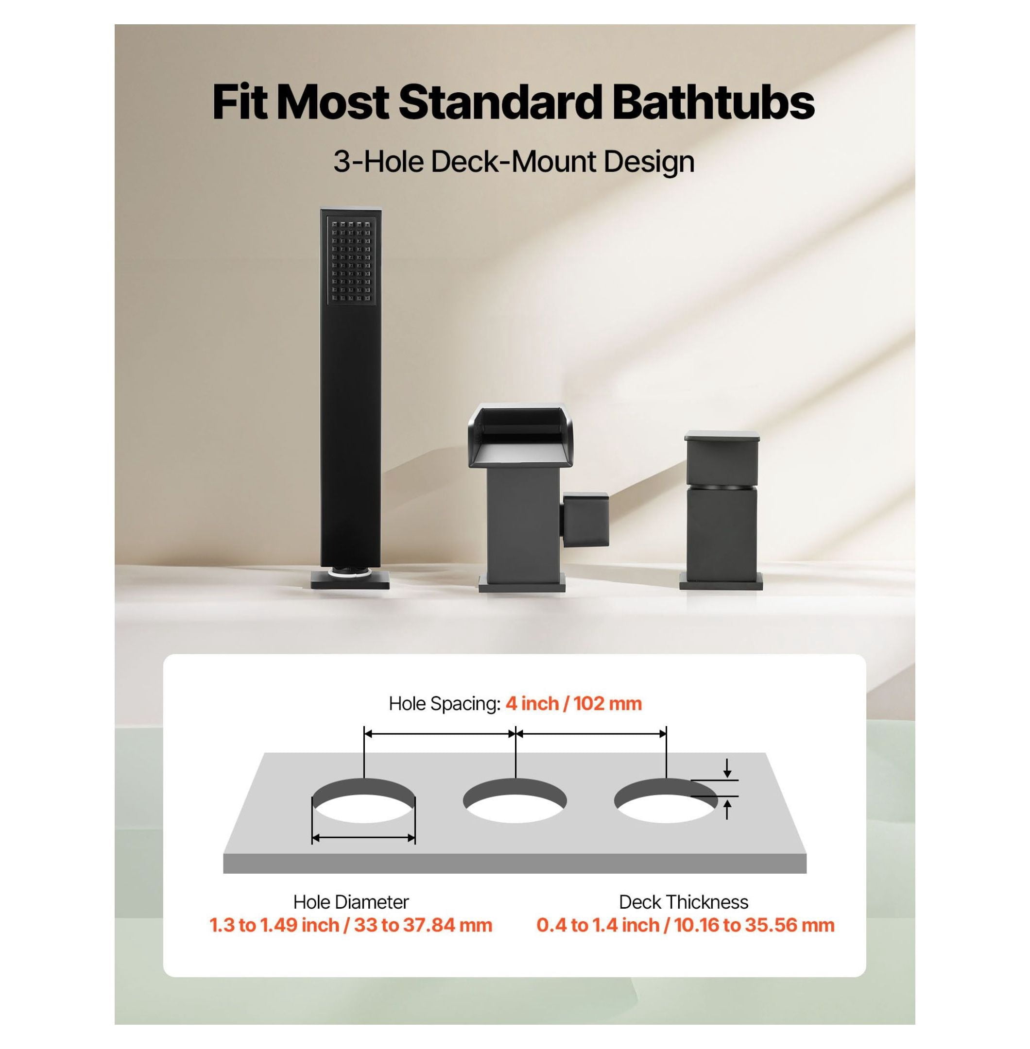 Roman Tub Faucet 3 Hole, Waterfall Bathtub Faucet Widespread, with Shower Head & Handle, Matte Black, High Flow, for Pet/Adult Bathing
