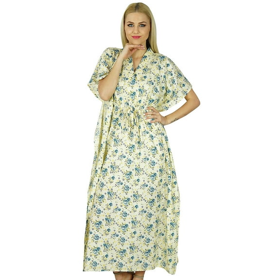 Bimba Women Long Maxi Floral Kaftan White Cotton Caftan Floral Gown