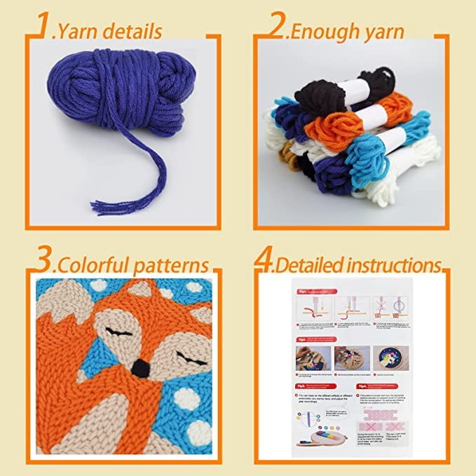 2 PCS Easy Wool DIY Craft Punch Needle Embroidery Kits Fox and Cat Animal Rug for Starter Kits with Stamped Color Pattern with Tool Sets 20x20cm