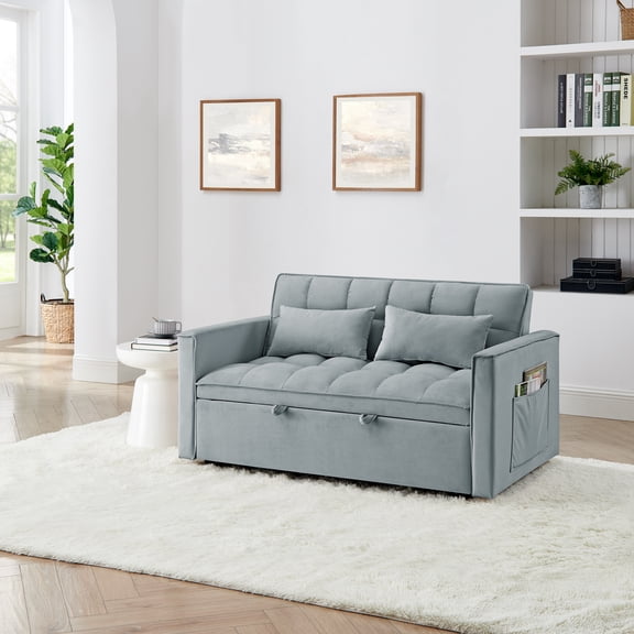 54" Foldable Sofa Bed, 3-Position Adjustable Velvet Convertible Sofa, Pull-Out Sleeper with Tufted Back, Light Gray Modern Loveseat for Small Spaces