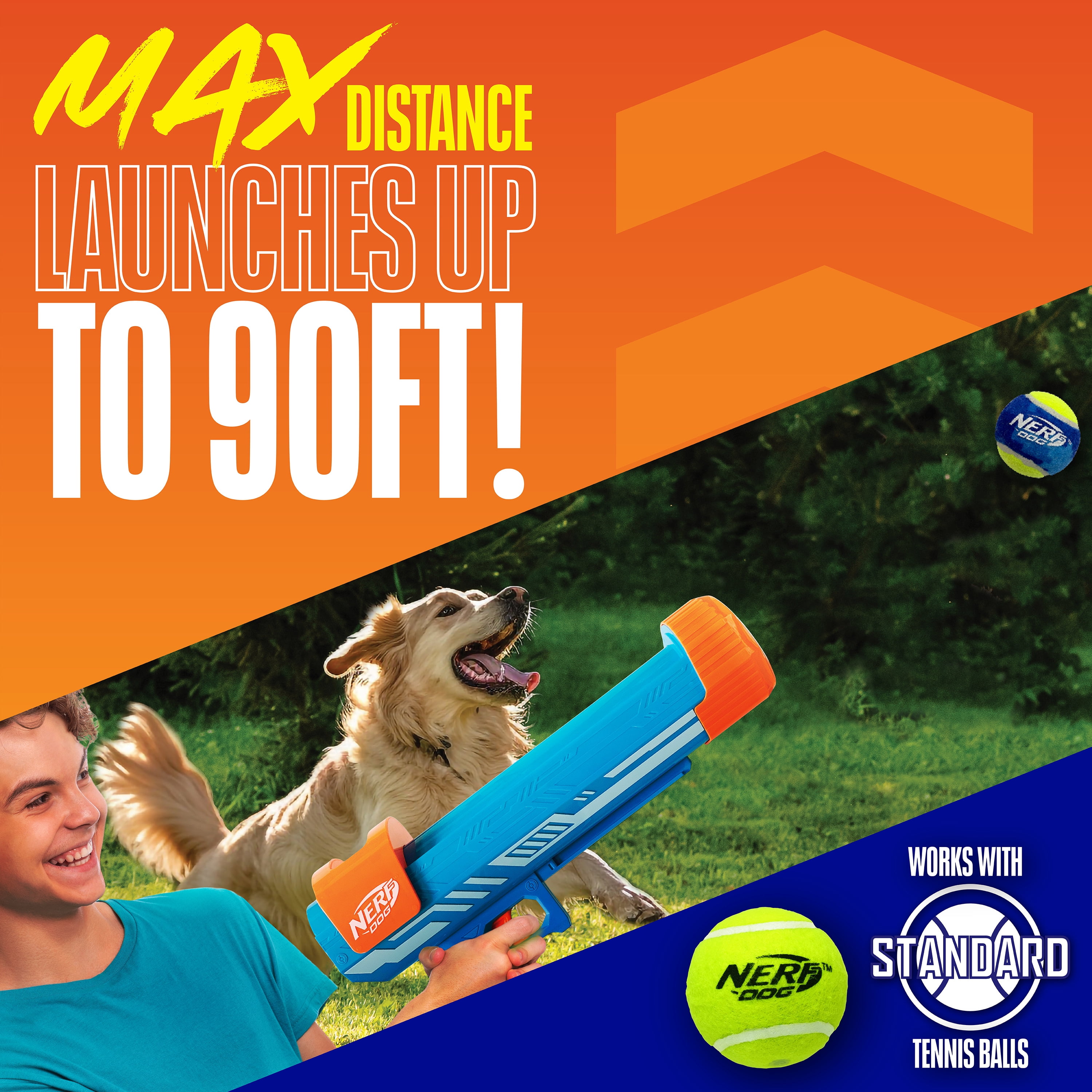 Nerf Dog 18 inch Distance Blaster Ball Launcher with Canister and 3 Pack of 2.5 inch Tennis Balls
