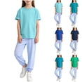 thumbnail image 1 of Tranfacy Tenues d'Été pour Filles Couleur Unie Col Rond Manches Courtes Haut Décontracté avec Pantalon Taille Élastique Ensemble Mode, 1 of 7
