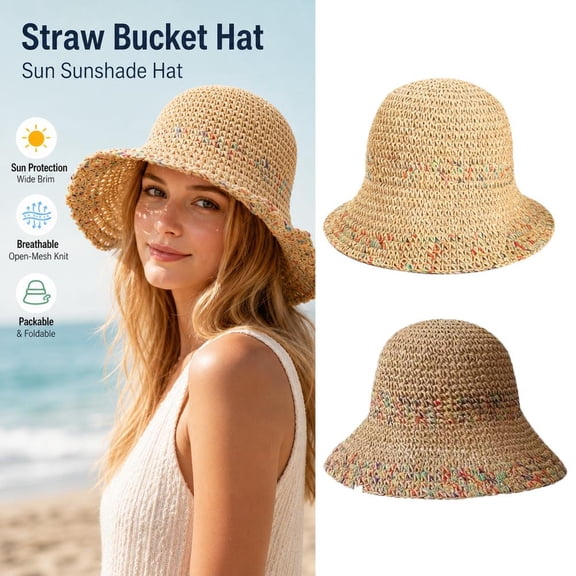 Straw Sun Hat for Women, Breathable Beach Hat with Colorful Accents, Foldable Wide Brim Hat for Summer Vacation