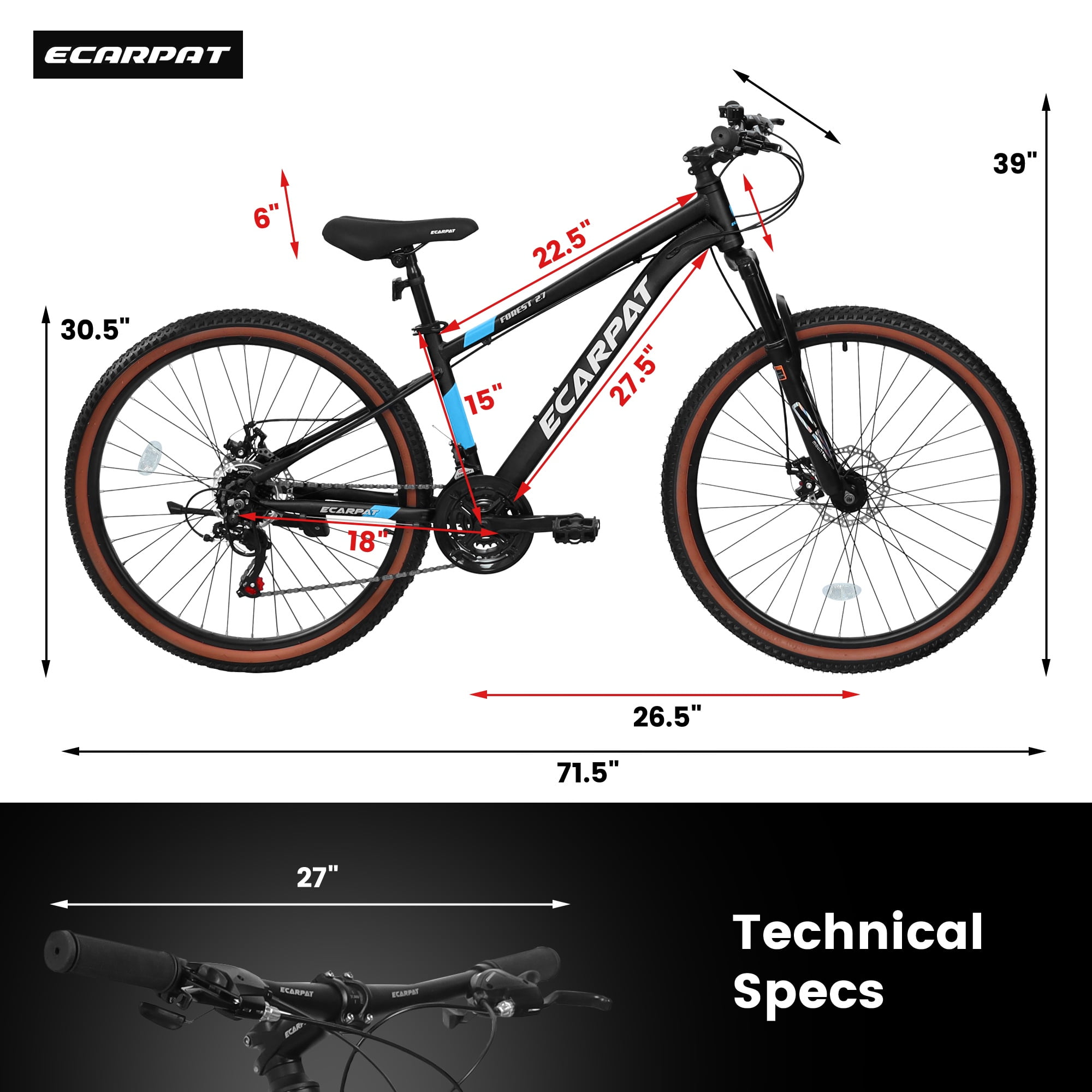 27 inch Mountain Bike for Adults, 21 Speed Mountain Bike w/ Disc Brakes, Commuter Bike, Trail Bike, City Bike for Men Women, Aluminum Frame, Suit for 5'4"-6'2", 85% assembled (Black)