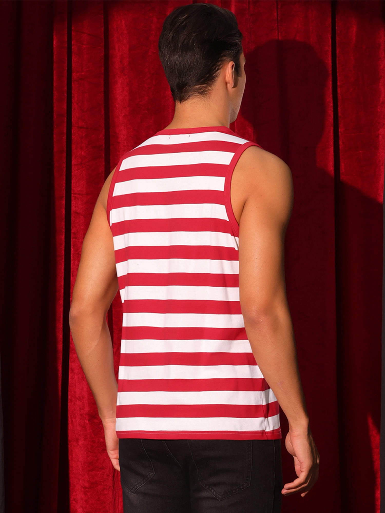 DARING DIVA Men's Stripes Tank Sleeveless T-Shirt Crew Neck Striped Vest M Red White
