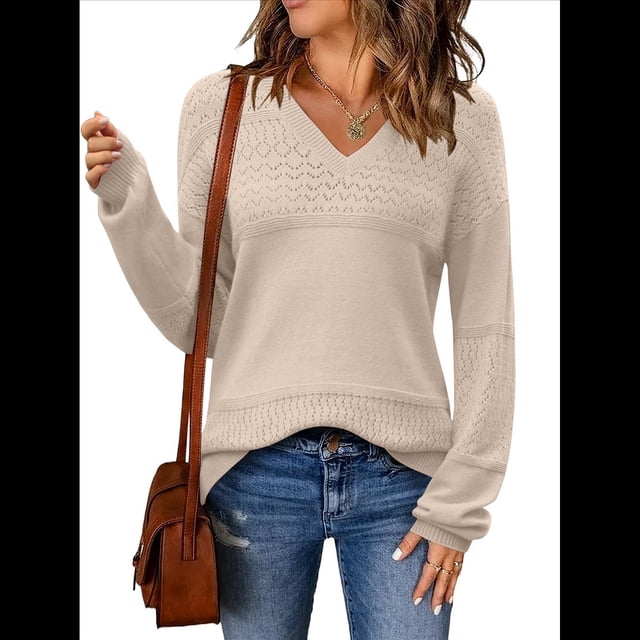 Suéteres de Otoño para Mujer, Informales, de Larga, de Punto Acanalado, con Cuello en V y Ligeros de Crochet. Albaricoque Sólido M