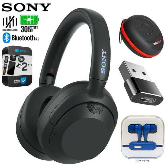 Sony WHULT900N/B ULT WEAR Wireless Noise Canceling Headphones - Black Bundle with 2 YR CPS Enhanced Protection Pack, Mizco Travelocity In-Ear Headphone, Deco Gear Hard Case and Type C Adapter
