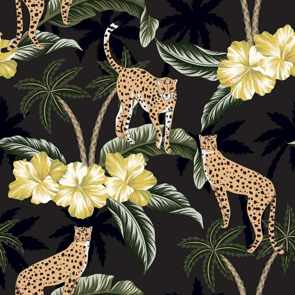 MuralsPrint Cheetah, Yellow Tropical Hibiscus Removable Wallpaper, Peel and Stick Floral Wallpaper, Roll Lenght 10'L x 24''W