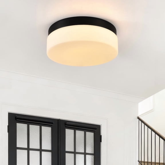 GCGAFUL 11 in. Modern Black Integrated LED Flush Mount Ceiling Light Fixture with White Glass Shade