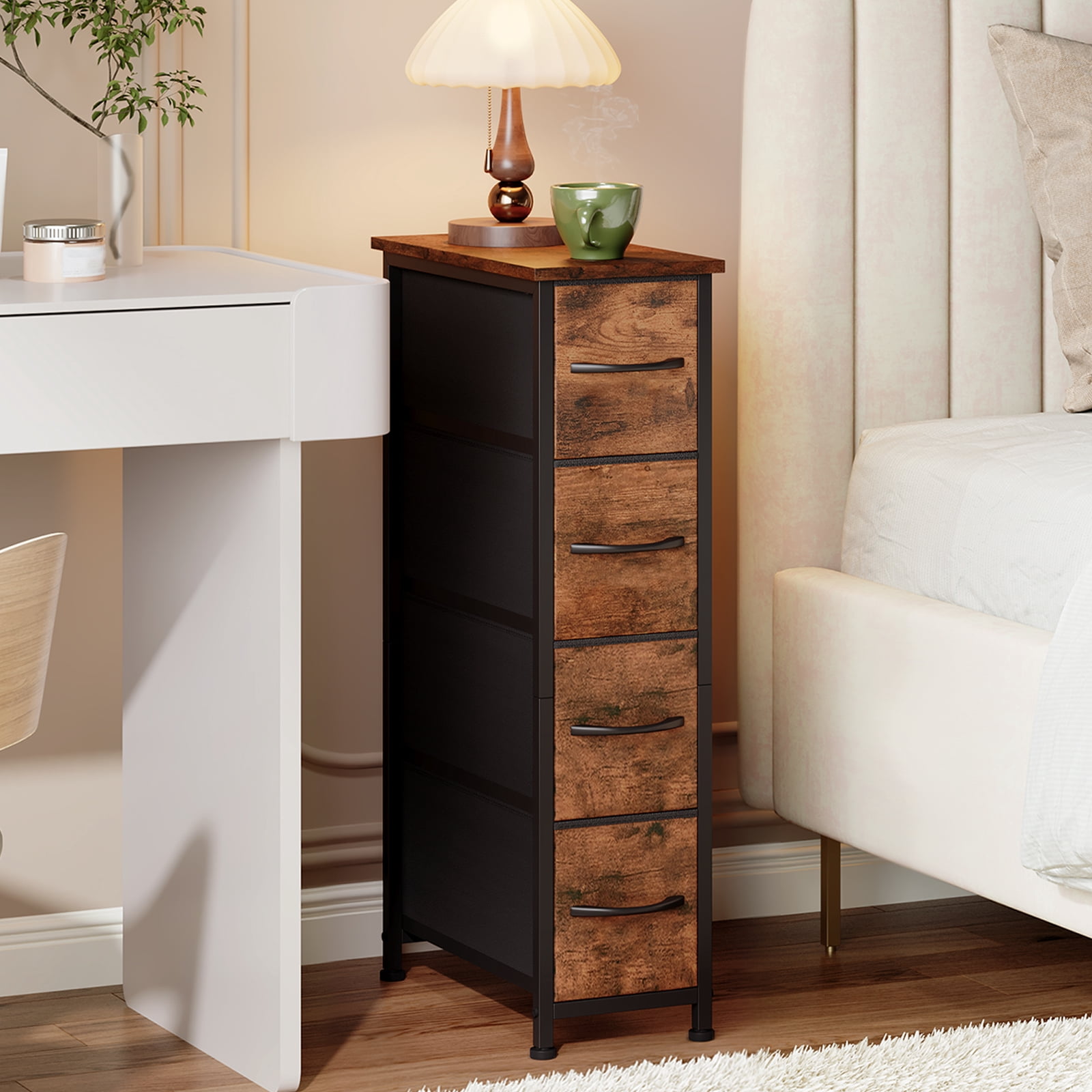 Eunos Narrow Dresser with 4 Slim Drawers for Bathroom Storage Cabinet Hallway, Wood Grain Print