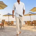 thumbnail image 2 of Glisme Mens 2 Piece Sets Summer Outfits Breathable Linen Long Sleeve Shirt With Button And Comfortable Pants For Home Yoga Casual Wear Outdoor Beach Durable Matching Set White, 2 of 6