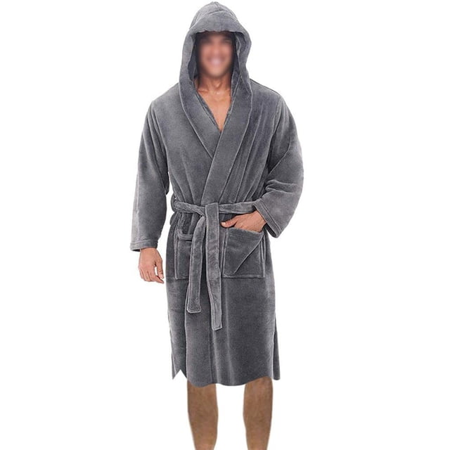 Innerwin Bath Robes Hoodie Men's Wrap Robe Winter Long Sleeve Soft Dressing Gown Gray L