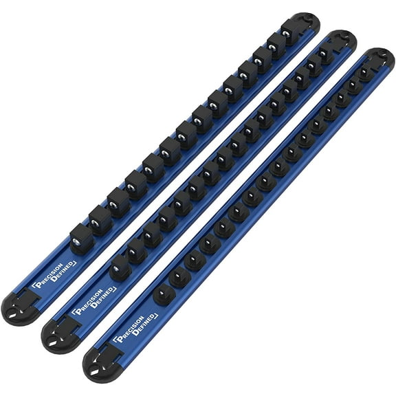 Precision Defined Aluminum Tool Socket Holder 3-Piece Set, Blue, 1/4", 3/8", 1/2"