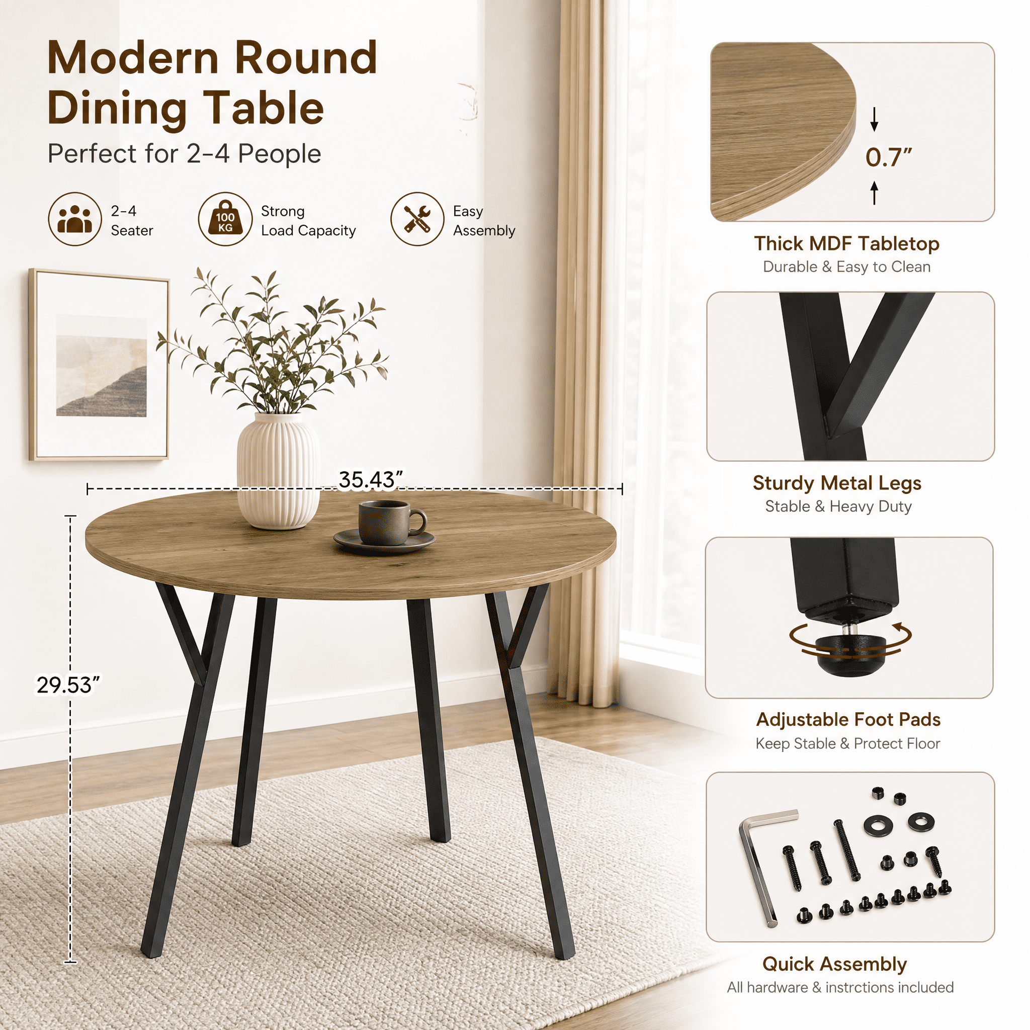 35.43 Inch Brown Round Dining Table for 2-4 People, Thick MDF Tabletop with Black Metal Legs, Modern Small Kitchen Dining Table with Adjustable Foot Pads