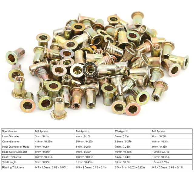 Rivet Nuts, 100Pcs Rivet Nut Rivet Nuts Assortment Kit Rivet Nut Assortment Kit Color Zinc Plated Flat Head Threaded Nutsert Kit Hardware Accessories