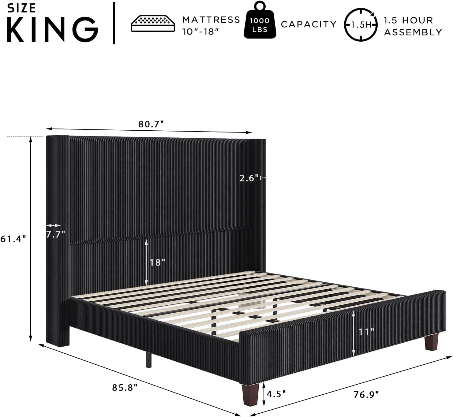Amerlife King Size Bed Frame, 61" Corduroy Upholstered Platform Bed with Vertical Stripe Wingback Headboard, Solid Wood Slats, Noise-Free, Black
