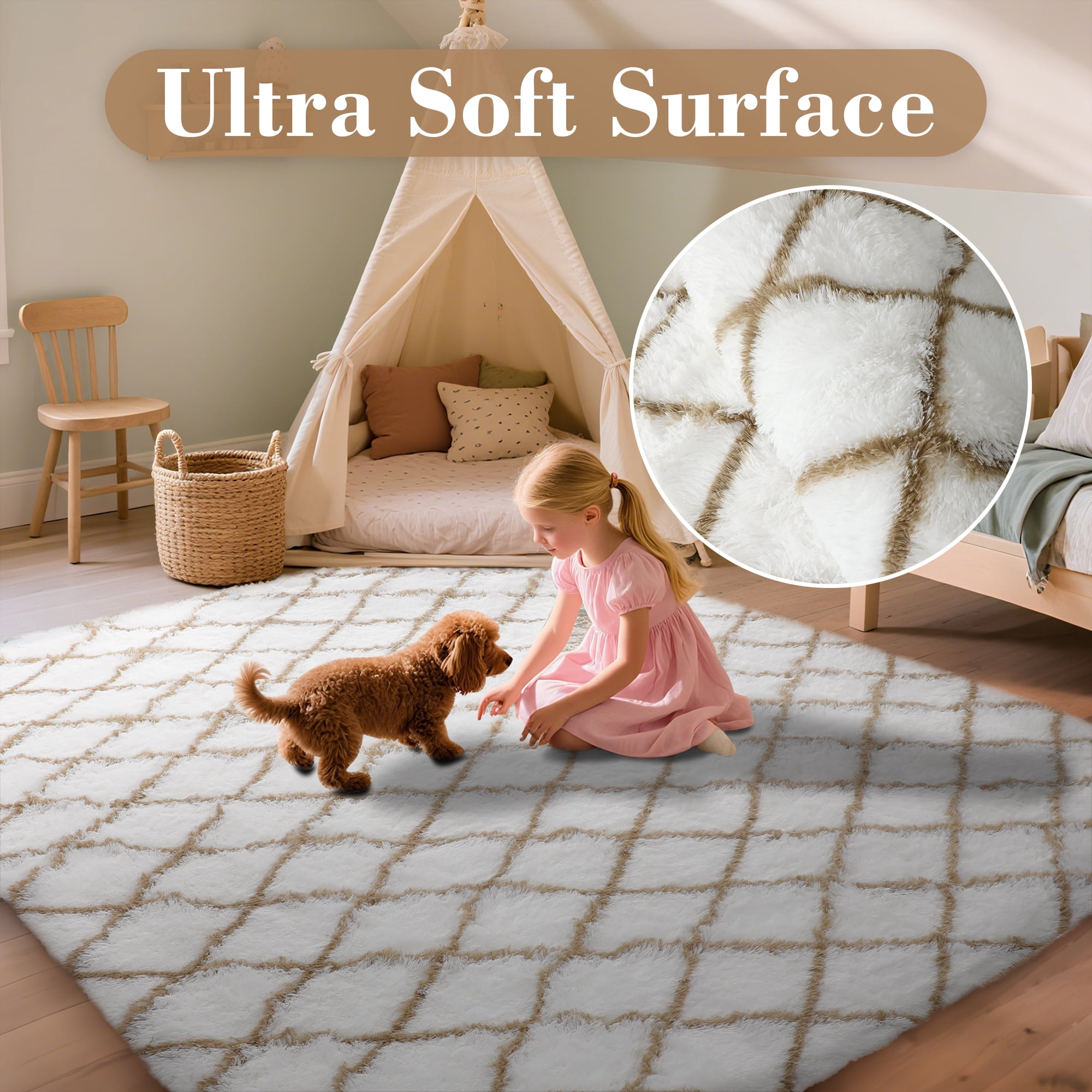 CozyDesg Shag Area Rugs,5'x7' Soft Fluffy Shaggy Carpet for Living Room,Large Rug for Bedroom Dining Room Home Decor Room Decor,White & Beige