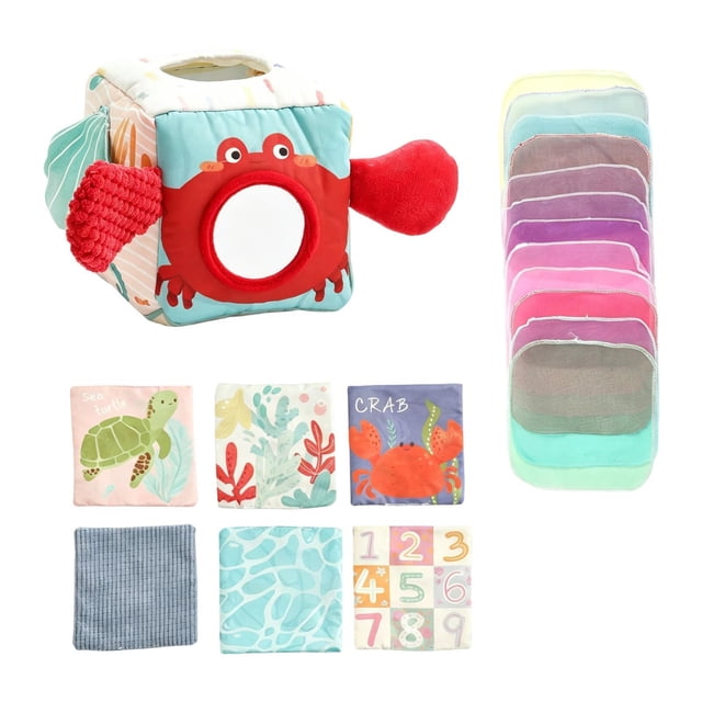 Caja pañuelos para bebé, juguetes sensoriales, juguetes para desarrollar la motricidad fina, regalos cumpleaños, tela con decoración colgante,