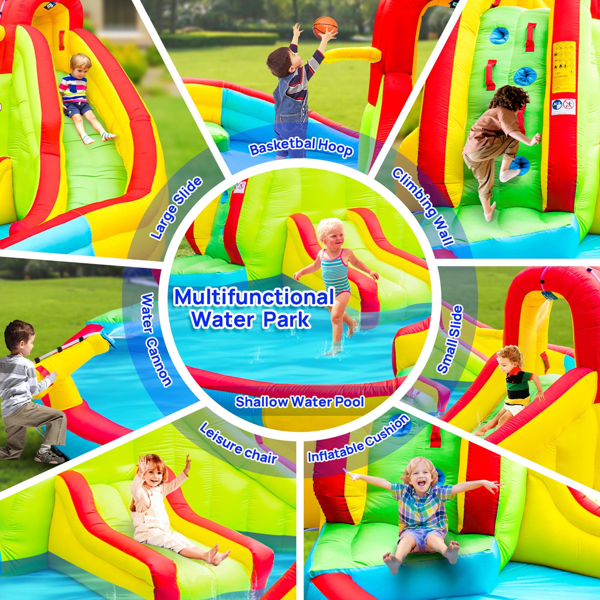 WELLFUNTIME Inflatable Water Slide Bounce House for Kids, Water Park with Blower, Splash Pool for Kids Backyard