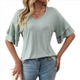 thumbnail image 3 of Blusas Elegantes con Cuello en V para Mujer, de Doble Capa, Mangas Acampanadas, 3/4, Mangas con Volantes, Verde Frijol, L, 3 of 10