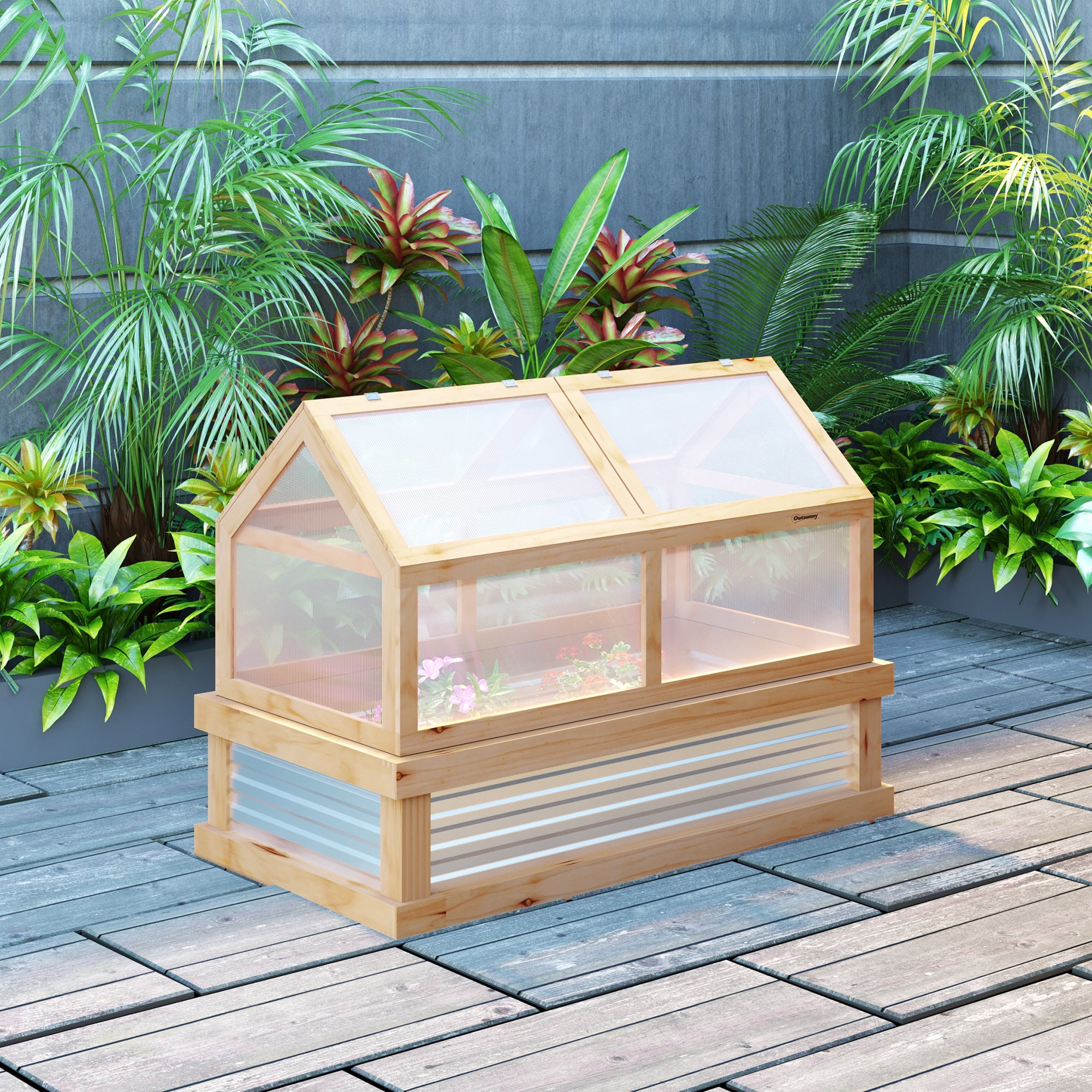 AsterOutdoor Raised Garden Bed with Polycarbonate Greenhouse Cover, Wooden Cold Frame Planter Box, Fir Wood & Galvanized Steel, 48 x 24 x 32 in