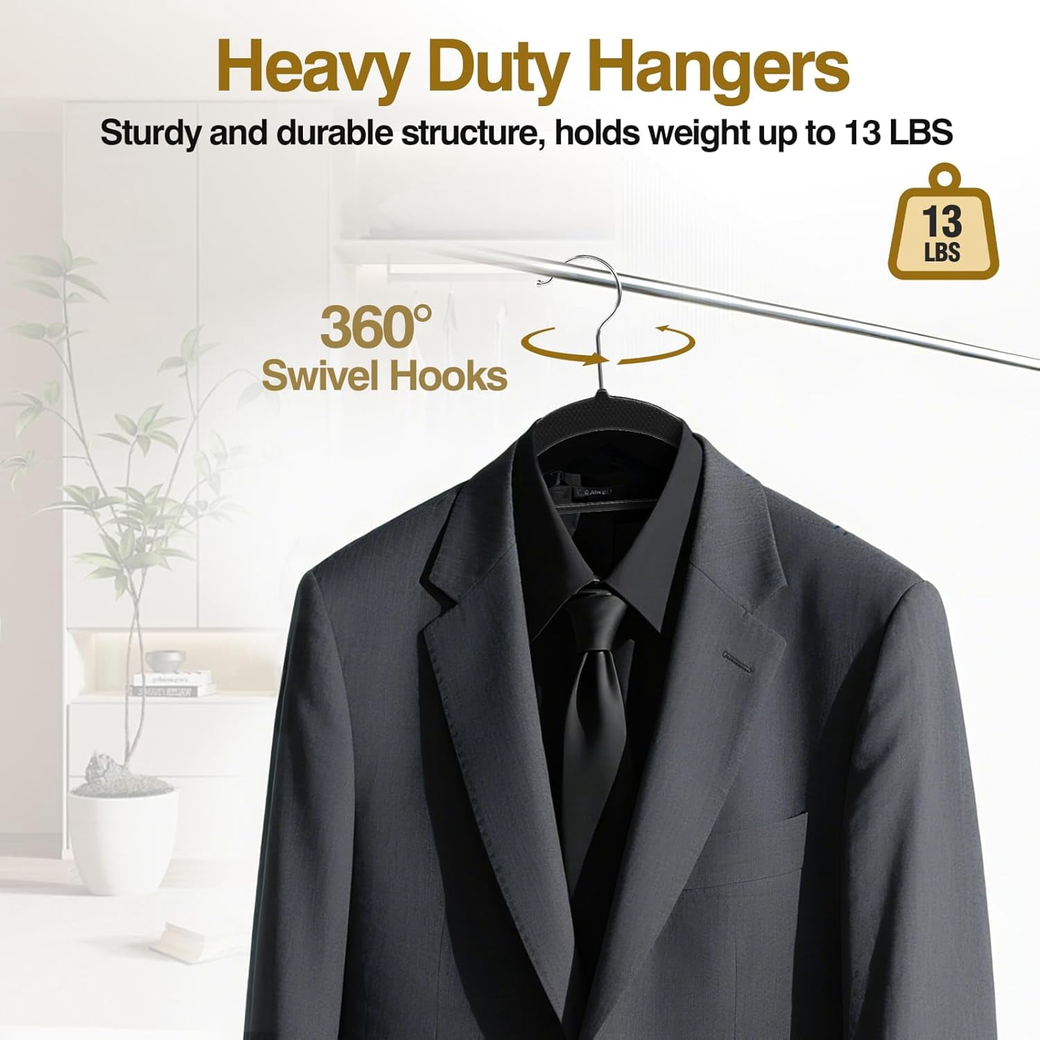 UEAKPIC Plastic Hangers 50 Pack, Heavy Duty Clothes Hangers with 360° Swivel Hook, Non-Slip, Space-Saving, Black