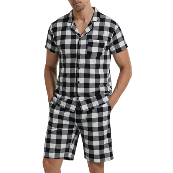 LANBAOSI Mens Pajamas Set Short Sleeve Button Down Shirts and Plaid PJ Shorts 2pc Soft Lounge Sleepwear Set(White Plaid,L)