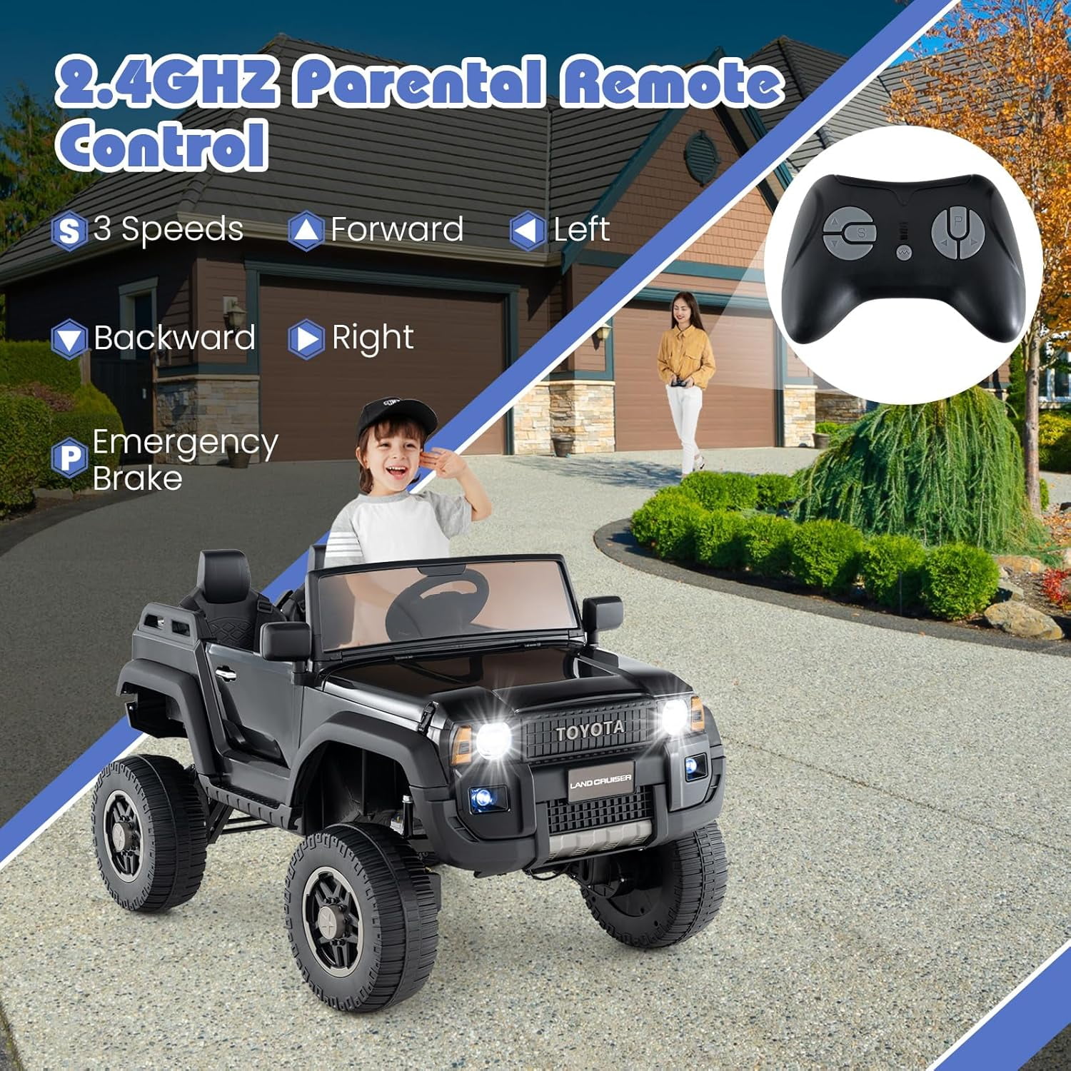Licensed Toyota LC250 24V 2 Seater Ride on Truck by OLAKIDS, 2WD/4WD Battery Powered Vehicle with Remote Control, 3 Speeds, Music, Lights, Kids Electric Car for 3+ Boys Girls