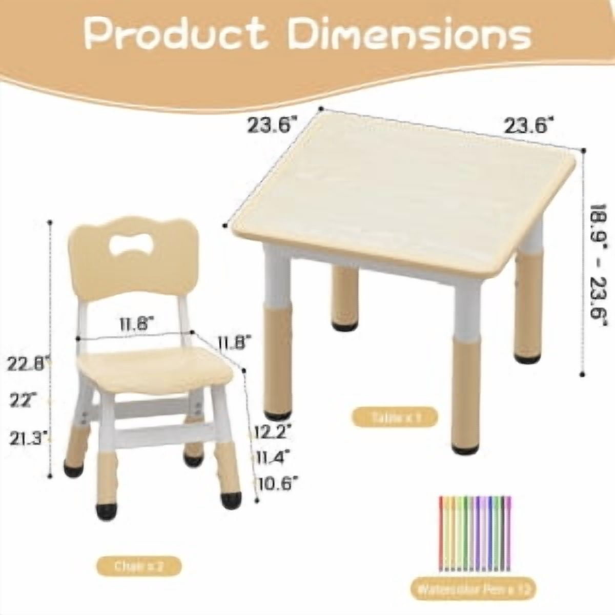 Kids Table & 2 Chair Set,Square Table and Chairs Set,Height Adjustable Toddler Table with Graffiti Desktop,Children Multi-Activity Table for 2,Kids Furniture for Ages 2-8