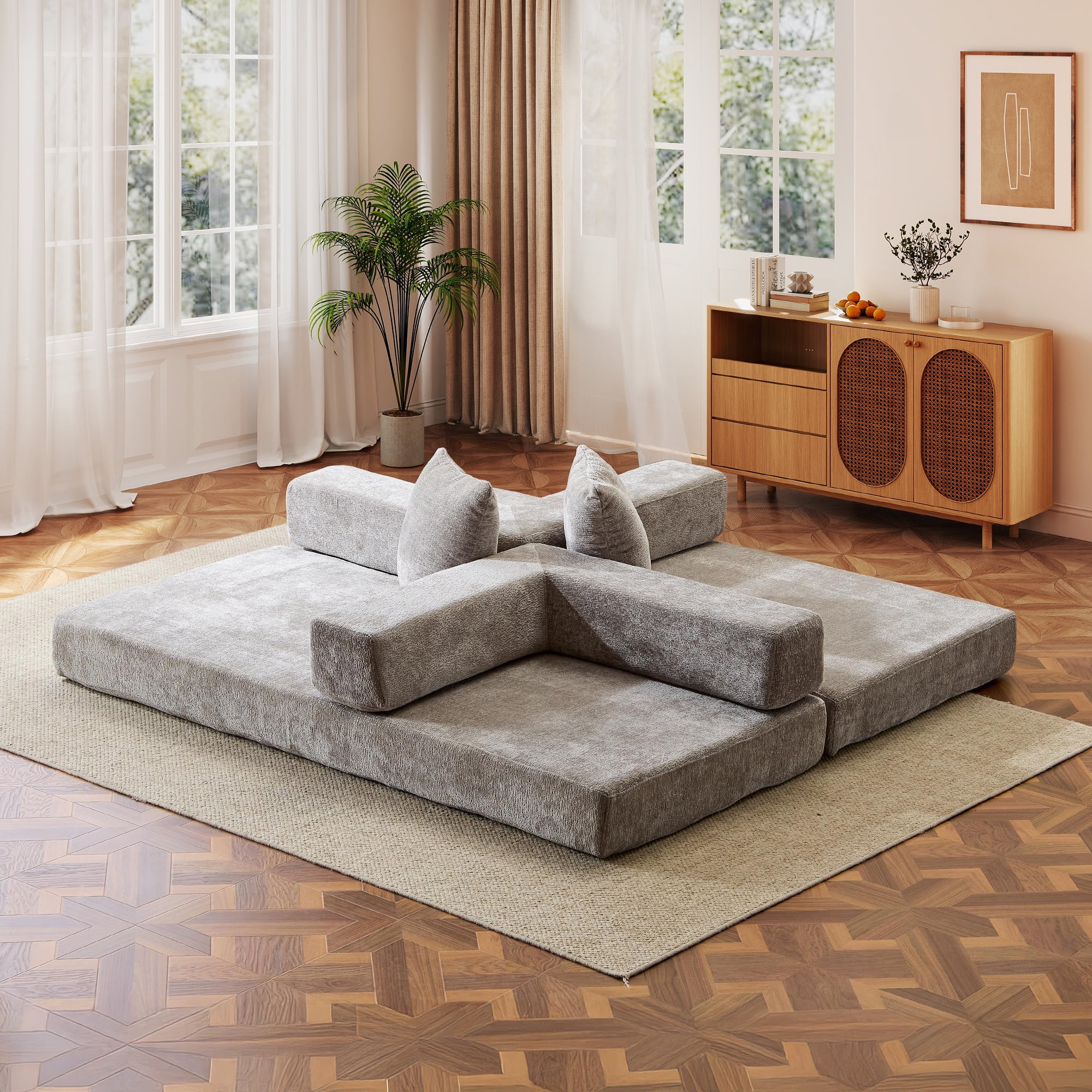 Timbernest 76.8" Folding Sofa Bed, King Size Convertible Sleeper Sofa with 2 Pillows, Chenille Floor Sofa for Living Room, Small Spaces, Light Gray