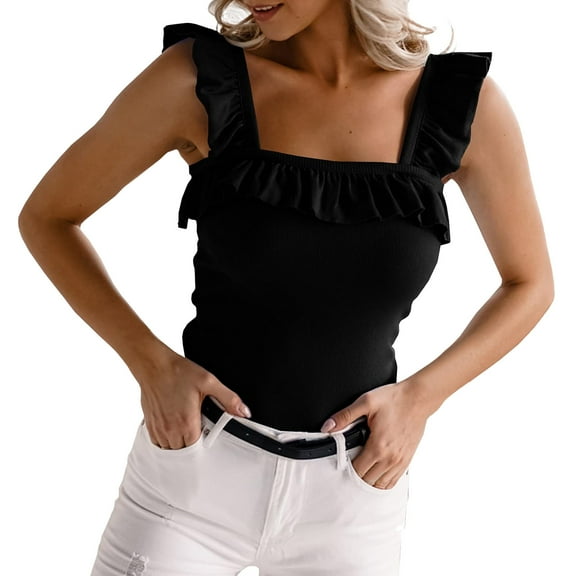 DuoJiaJ Womens Cute Sleeveless Tank Tops Ruffle Strap Neck Blouse Solid Color Knitted Camisole Cotton Tank Tops for Women