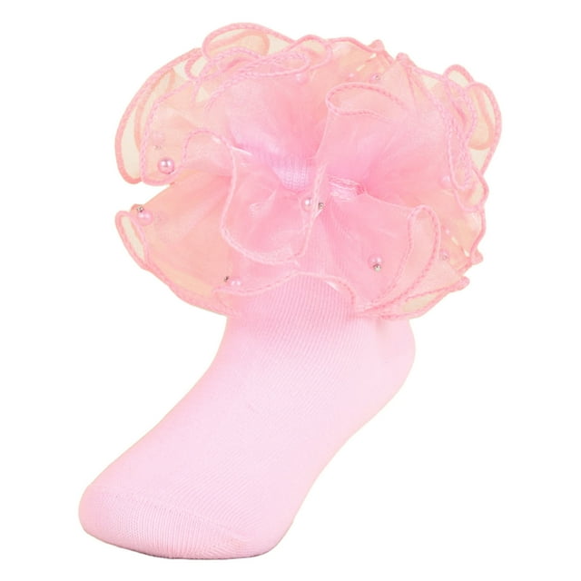 Zanarzt Baby Girls Socks Ruffle Lace Pearl Girls Baby Socks Solid Color Combed Cotton Lace Princess Socks Performance Dance Socks Pink,0-6 Months