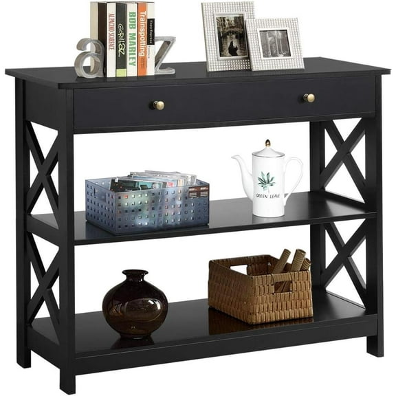 CZMJY Console Table with Drawer, 39.5 Inch Narrow Sofa Table with Storage Shelves, 3-Tier Wood Entryway Table for Hallway/Living Room/Foyer, Black
