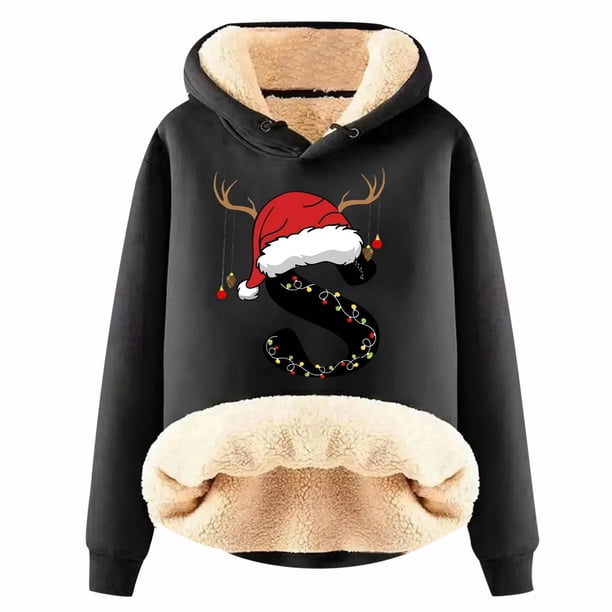 WILLBEST Sudadera con Capucha para Mujer, con Estampado de Letras Navideñas, de Lana Gruesa, Cálida para El Invierno X-Grande