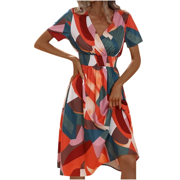 QUYUON Women Floral Midi Dress Ladies Wrap V-Neck Short Sleeve Elastic Waist Summer Dresses Casual Loose Boho Floral Print Pleated A-Line Beach Dress Tunic T-Shirt Sundress, Army Green L