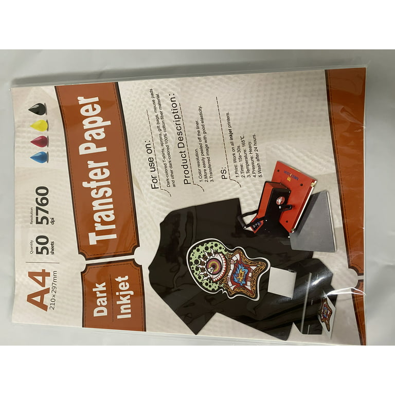 50 Sheets Dark Fabric Inkjet Heat Transfer Paper A4 (8.27 x 11.7) Inkjet Printable  Heat Transfer Paper DARK T-shirt Iron-on 