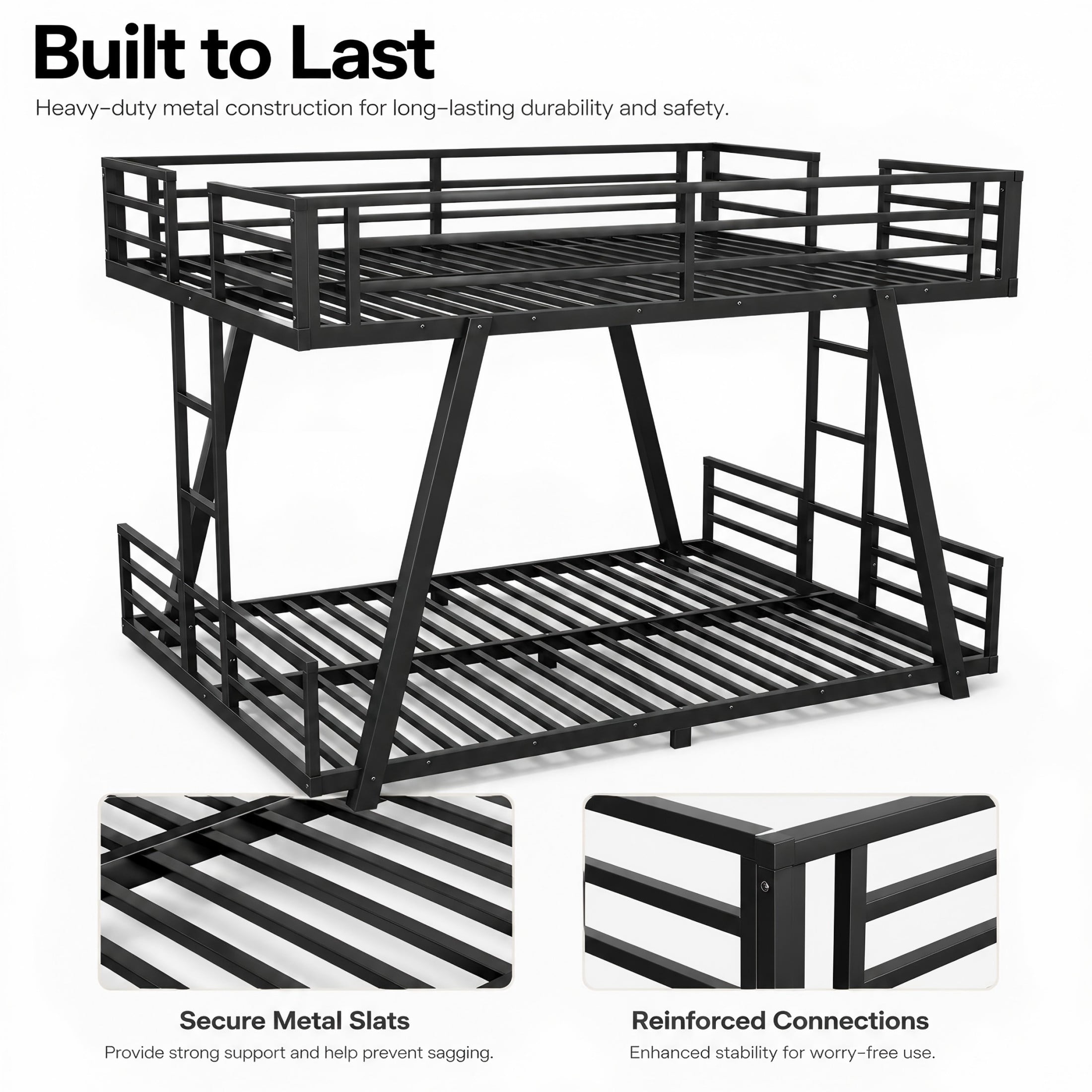 Aukfa Queen over Queen Metal Bunk Bed with Heavy Duty A-Frame Support Design, 2 Side Ladders, Low Profile, Black