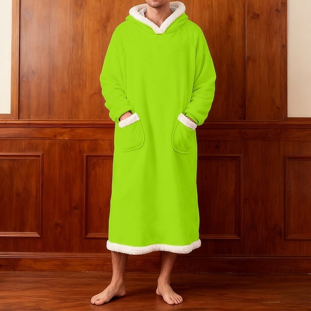 Batas de hombre de forro polar sólido informal con capucha y bolsillo, jersey de manga larga, bata de baño, bata de noche, pijama de poliéster para hombre