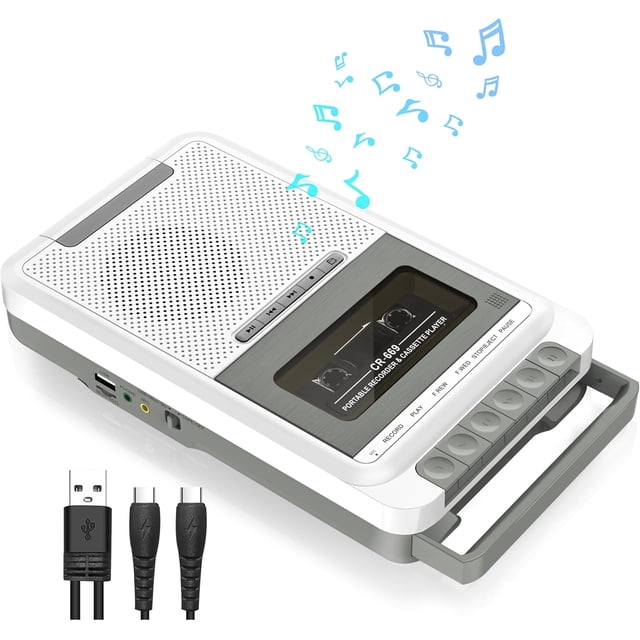 Reproductor de Casetes Portátil Multifunción con Grabadora, Conversión a MP3 vía USB/SD, Micrófono Integrado, Asa Retráctil y Jack de Auriculares (Blanco)