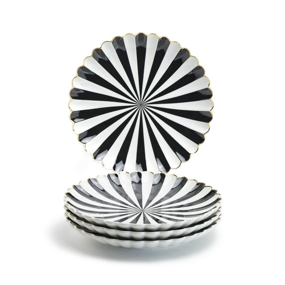 Grace Teaware Black and White Scallop Fine Porcelain Dessert Plates Set of 4