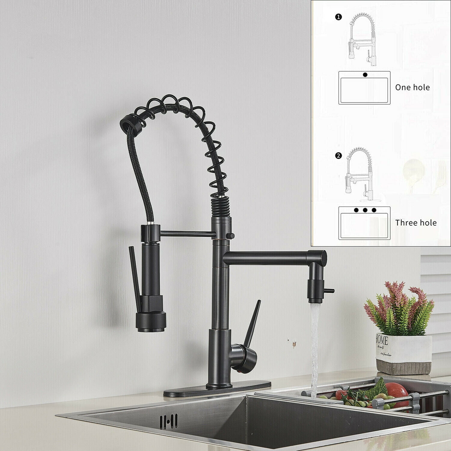 Spring Kitchen Sink Faucet Pull Down Sprayer with Cover Plate Black Bronze Mixer