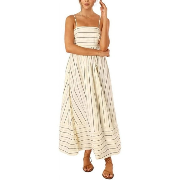 utcoco Women's Summer Striped A Line Long Dress Back Smocked Maxi Dresses