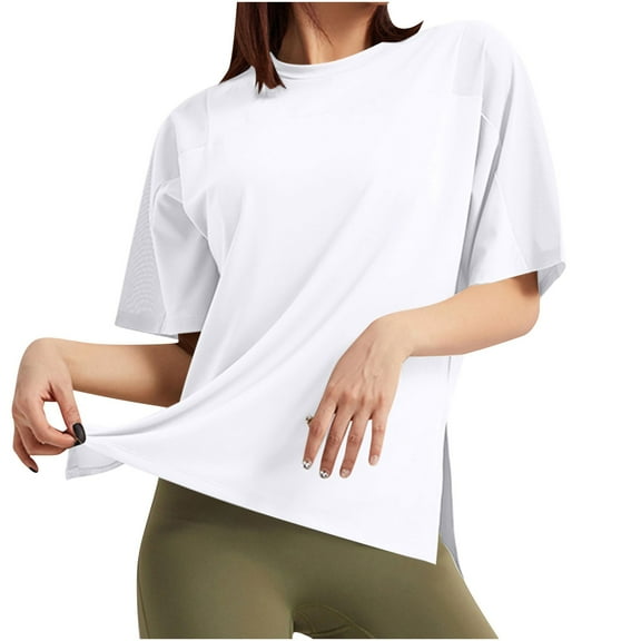 Womens Quick Dry T-Shirts, Athletic Workout Tops for Women Summer Casual Slimming Fit Solid Color Side Slit Crewneck Short Sleeve Shirts S-XL