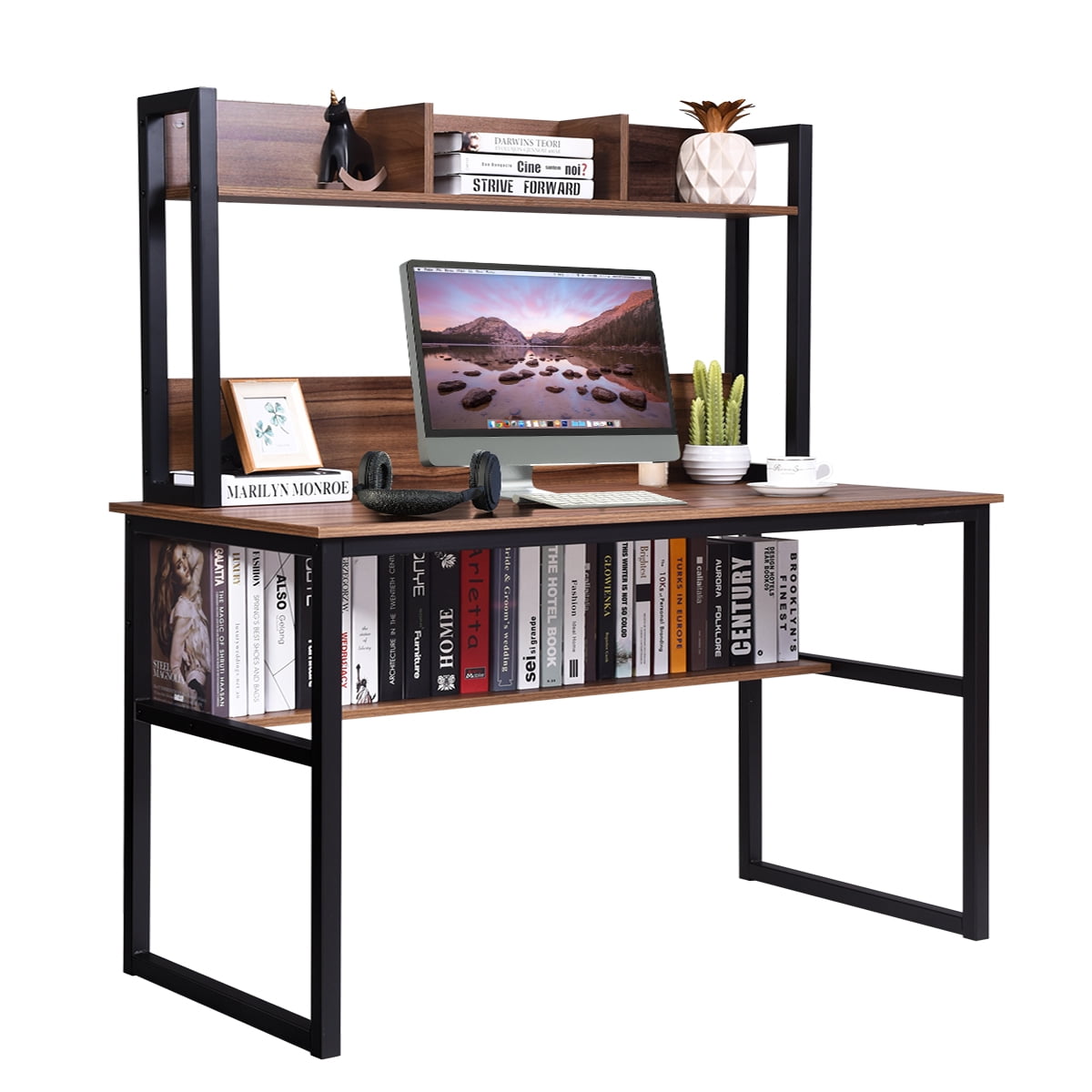 Costway Computer Desk With Hutch, Office Desk With Bookcase And Shelving