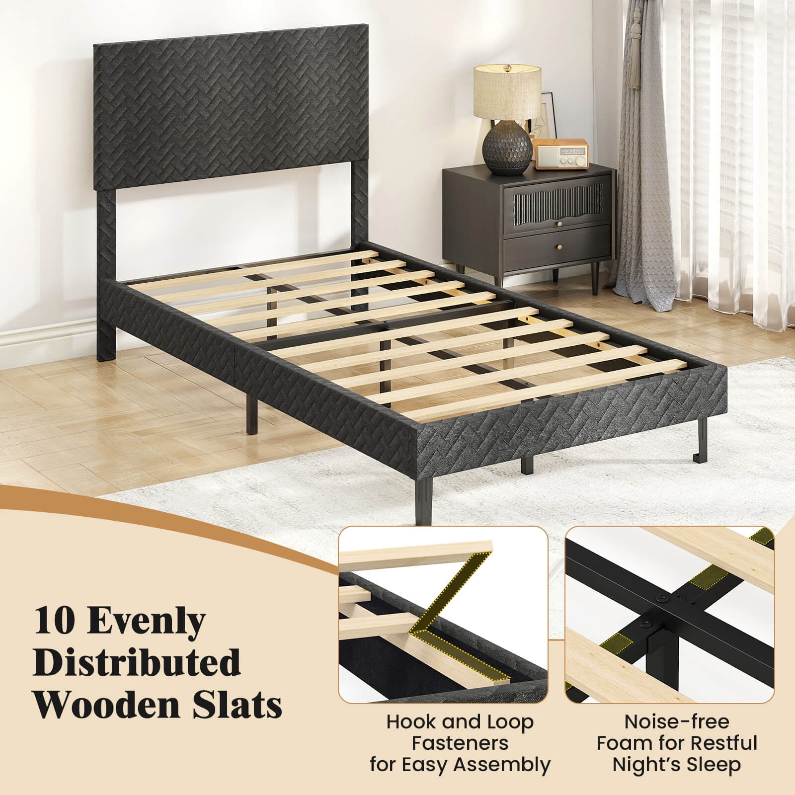 Costway Twin Size Bed Frame with Height Adjustable Chevron Headboard, No Box Spring Needed Gray