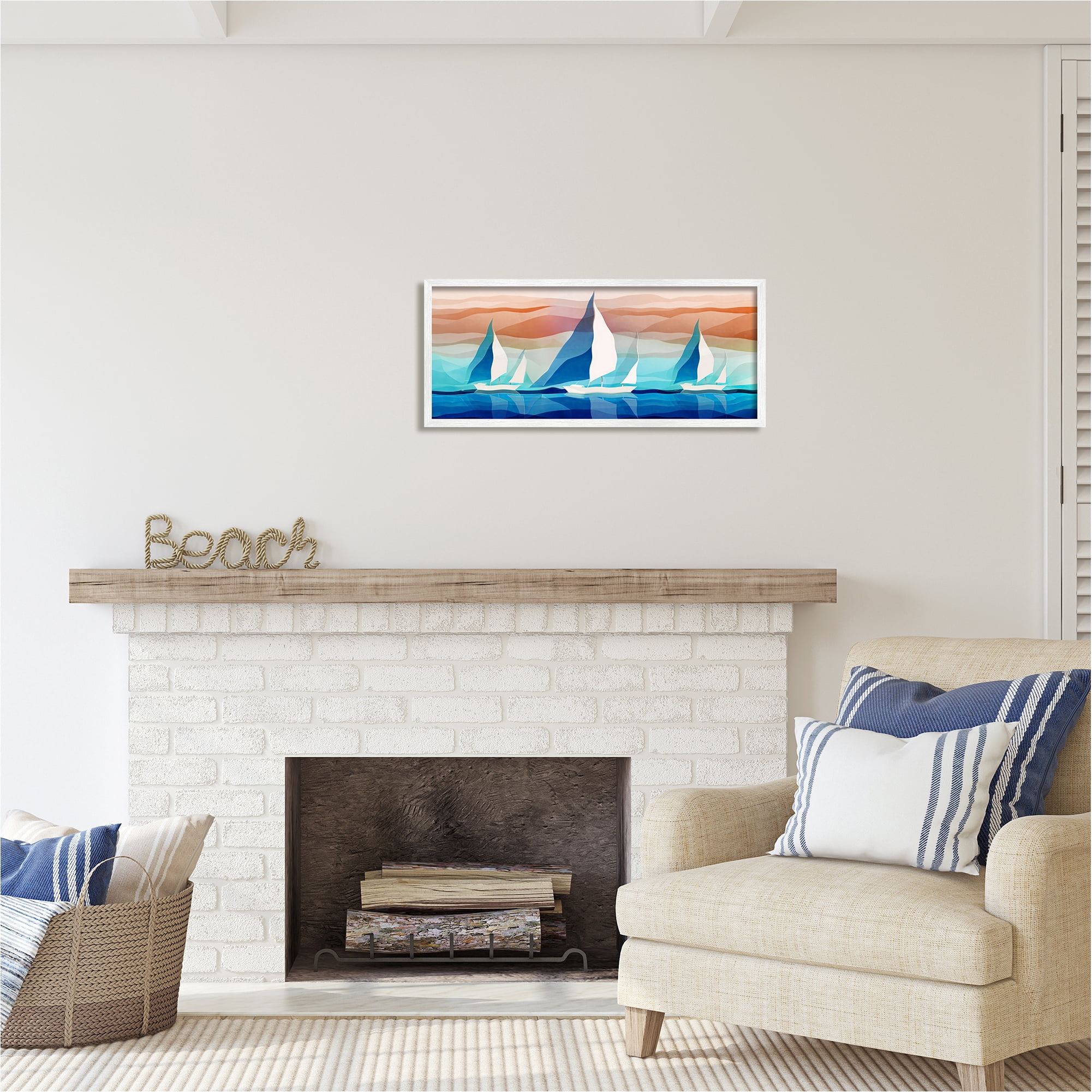 Stupell Industries Geometric Sailboats Scenery Transportation Painting White Framed Art Print Wall Art, 30 x 13