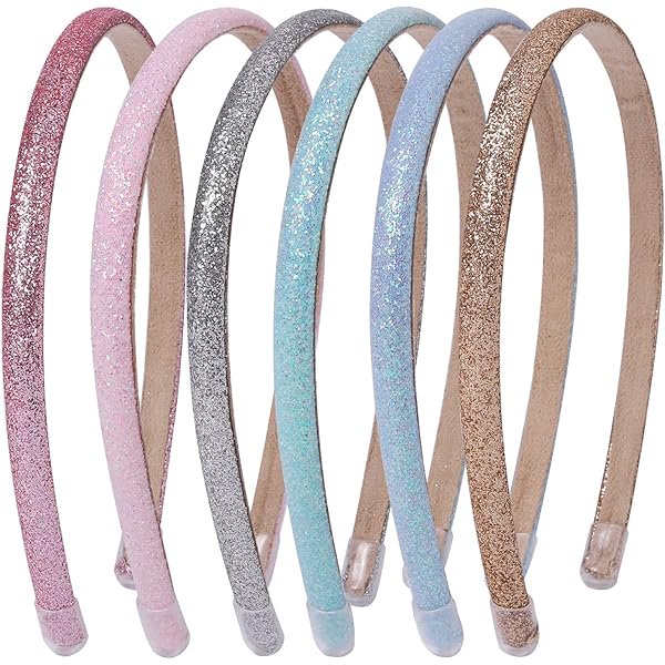 wonima11 Thin Glitter Headbands 6 Pack, Including Gold, Silver, Rose Red, Pink, Blue, Light Blue for Girls and Women, Non-slip Upgraded Sequin Headband with Soft Fabric Cover