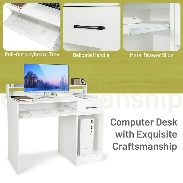 Costway 22 Wide Computer Desk Writing Study Laptop Table w/ Drawer &  Keyboard Tray White